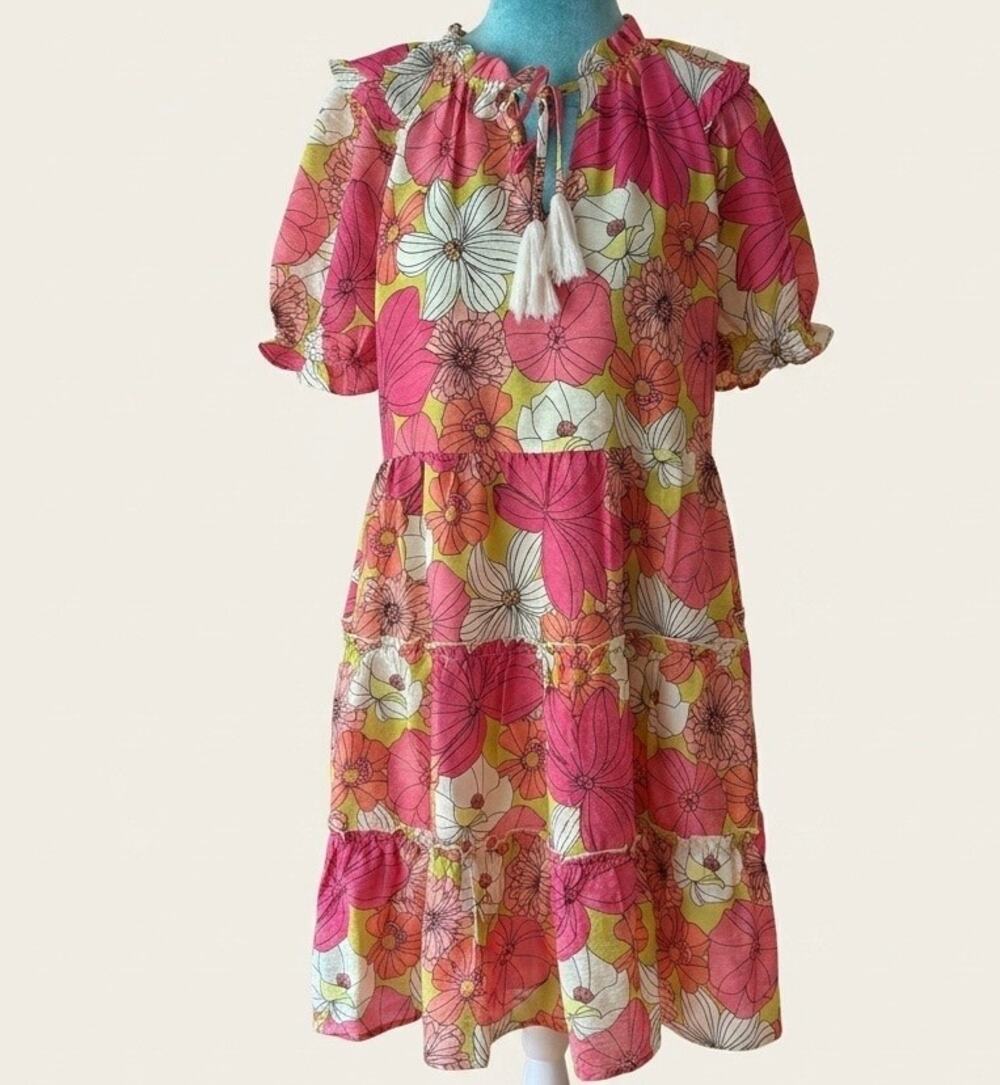 THML Retro Floral Tiered Mini Dress Pink Orange Puff Sleeve Tassel Dopamine xs
